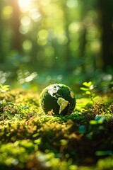 Obraz na płótnie Canvas Earth Day. Environment. Green globe in forest with moss and defocused abstract sunlight. Ecology concept.
