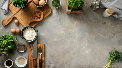 Top view of cooking ingredients on table - A culinary arrangement from above, displaying various cooking ingredients ready for meal preparation - obrazy, fototapety, plakaty