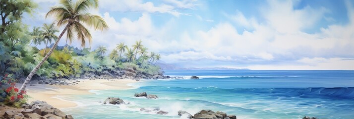 Tropical beach with palm trees watercolor painting - Beautiful watercolor painting portraying a serene tropical beach surrounded by palm trees and a clear blue sky - obrazy, fototapety, plakaty