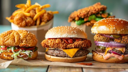 Variety of delicious fast food burgers and fries - Sumptuous assorted burgers and fries, capturing the essence of indulgent fast food culture