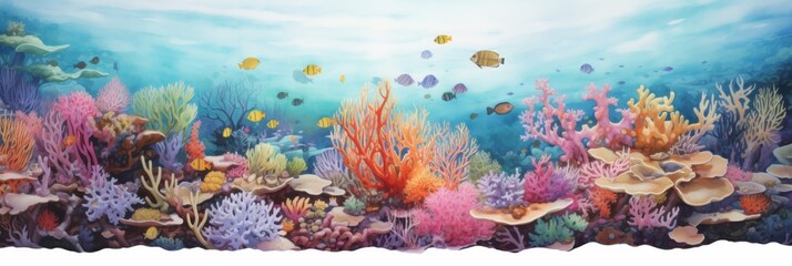 Vibrant Coral Reef Scene Underwater Panorama - Panoramic digital painting presenting a vibrant coral reef bustling with marine life, depicts ocean diversity