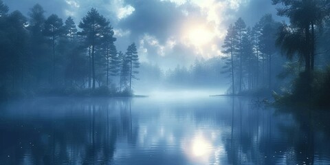 In the tranquil embrace of nature, a misty lake reflects the hues of sunrise, enveloping the forest in ethereal beauty.