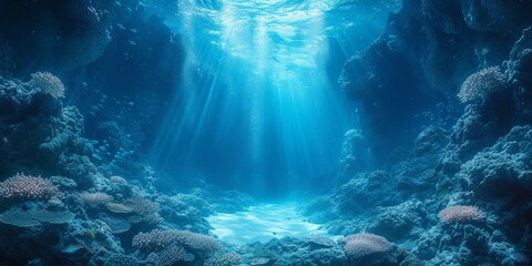 In the deep blue sea, sunlight pierces through, illuminating the vibrant underwater world of marine life. - obrazy, fototapety, plakaty
