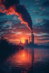 Amidst industrial operations, chimneys release pollutants, contributing to environmental degradation and atmospheric pollution.