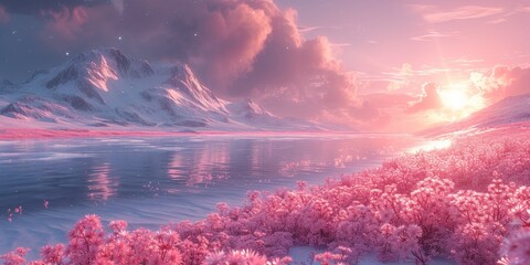 In the breathtaking landscape, mountains meet water under the pink hues of a sunset, creating a serene and beautiful vista.