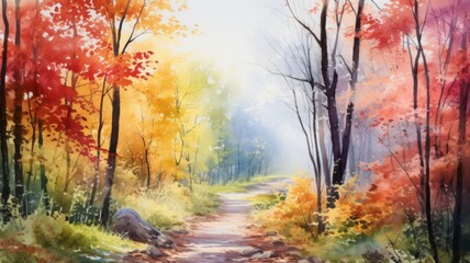 Naklejka na ściany i meble Watercolor forest pathway in autumn scenery - A serene watercolor painting showcasing a pathway through a vibrant forest during the autumn season