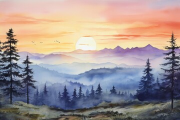 Fototapeta na wymiar Watercolor mountain landscape at sunset - A serene watercolor painting of a mountain landscape during sunset, with hues of pinks and oranges creating a calm scene