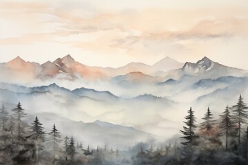 Watercolor mountain range and forestry - Majestic peaks and dense forests are captured with soft watercolor hues, conveying the grandeur of nature