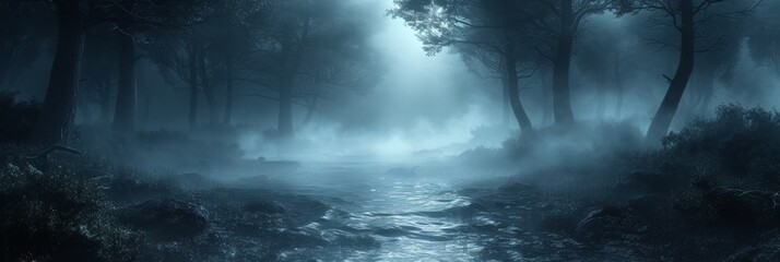 In the mysterious, fog-shrouded forest, darkness mingles with ethereal mist, weaving enchanting shadows.