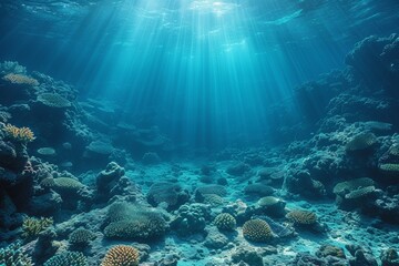 Beneath the ocean's surface, vibrant coral reefs flourish under clear blue waters, bathed in sunlight.