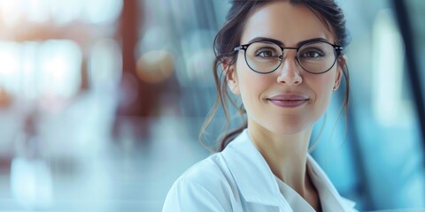Innovative Research Young Woman Scientist in White Coat and Glasses Leading a Team of Specialists in a Modern Medical Science Laboratory, with Blurred Background Collaborative Work Environment