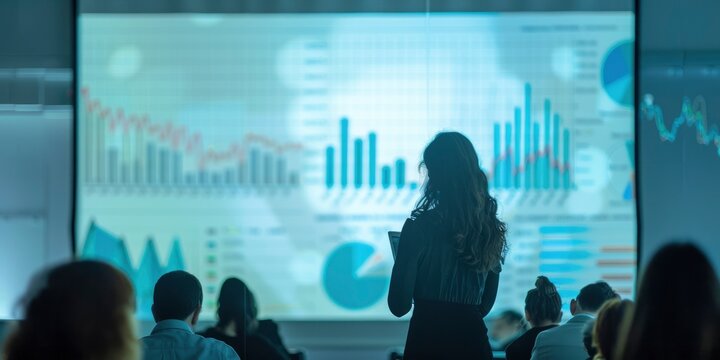 Strategic Business Presentation, CEO Shares Data with Investors and Business Professionals During Conference Meeting. Graphs, Sales Figures, and Growth Strategies Displayed on Projector Screen.