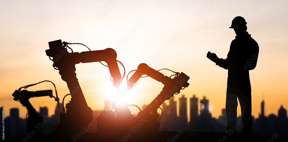 Poster xai mechanized industry of future factory double exposure image. concept of robotics technology for 
