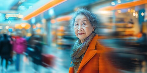 A senior Asian American woman exudes timeless elegance and confidence as she strikes a dynamic pose against the blurred backdrop of a modern, motion-blurred shopping mall filled with bustling shoppers