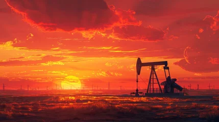Keuken foto achterwand Sunset With Oil Pump in Foreground © Yana