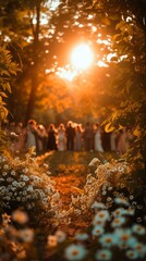 Group of People Standing in a Forest at Sunset