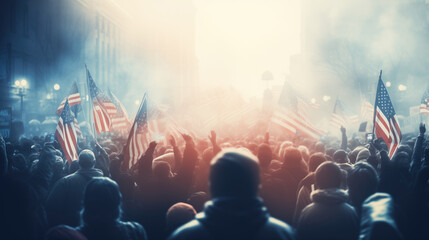 Fictional blurred crowd out of focus standing at a city political protest, celebration or event waving american United Stated flags. - obrazy, fototapety, plakaty
