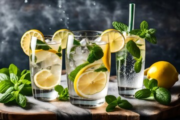 fresh lemonade with lime and mint, Refresh your senses with a sparkling glass of soda water infused with zesty lemon slices and fresh mint herbs, creating a revitalizing sassi water perfect for detox 
