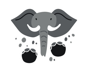 Head of a huge elephant. Vector cartoon illustration. Elephant footprint. Silhouette of wild animal tracks. Exotic animal safari.