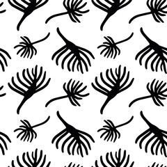 Vector abstract illustration. Decorative background. Seamless pattern with flying fluff. Texture with leaves and splashes for printing on packaging and textiles.