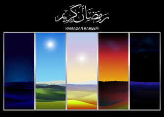 Rare Ramadan month wallpaper. Islamic Ramadhan graphic with the scene of five prayer times. The arabic letter said Ramadan Kareem means month of generosity.