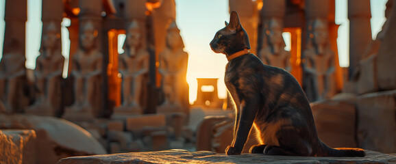 Elegant Cat sitting ancient Egyptian temple ruins. - obrazy, fototapety, plakaty