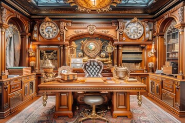 Desk, Chair, and Clock in Steampunk Office