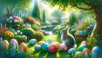 Easter bunny in summer garden with eggs decoration watercolor - obrazy, fototapety, plakaty