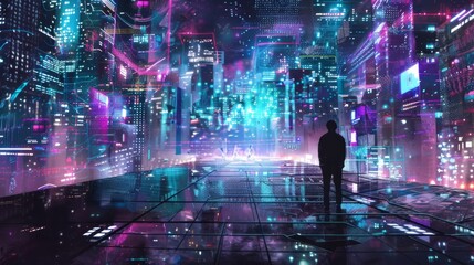 Man Standing in Front of Neon-Lit City - obrazy, fototapety, plakaty