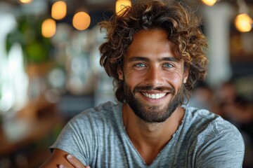 Obraz premium Bright-eyed young man with curly hair giving a friendly smile in a cafe setting
