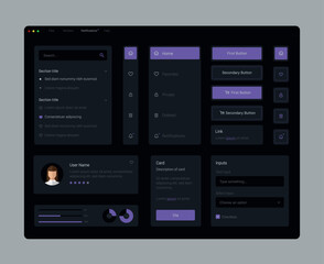 Dark Collection of gradient purple ui ux elements. Ux dashboard user panel template. User interface, experience. UI elements to book the app.