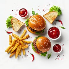 Fototapeta na wymiar Two Hamburgers and Fries With Ketchup