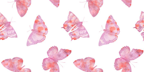 Pink watercolor butterflies on a white background, seamless botanical pattern for polygraphy design