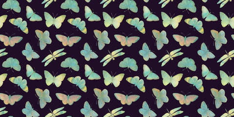 seamless watercolor pattern of butterflies and dragonflies on a dark purple background
