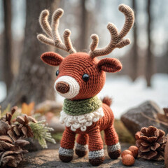 Obraz premium Little cute reindeer handmade toy on beautiful winter landscape background. Amigurumi toy making, knitting, hobby
