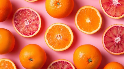 Above, red oranges on a pink backdrop
