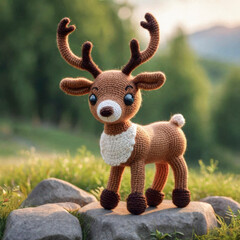 Little cute reindeer handmade toy on beautiful summer landscape background. Amigurumi toy making,...