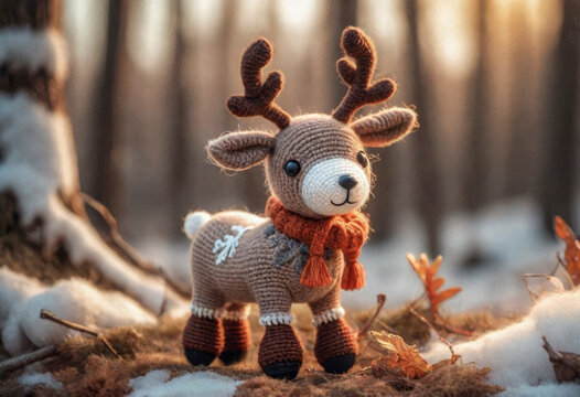 Little cute reindeer handmade toy on beautiful winter landscape background. Amigurumi toy making, knitting, hobby