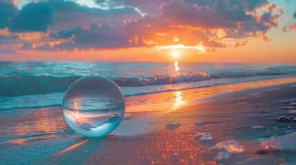 Glass Ball on Sandy Beach - obrazy, fototapety, plakaty