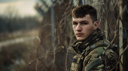 Obraz premium Serious young soldier in camouflage gear contemplating, outdoor military style portrait with a thoughtful expression. portrait of resilience and readiness. AI