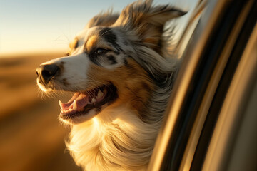 Australian Shepherd Enjoying the Breeze with Head Out of Moving Vehicle