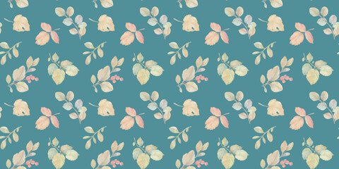 Fototapeta premium Seamless pattern of autumn leaves, endless watercolor pattern, hand drawn. Fabric design, kitchen textiles, packaging, wrapping paper.