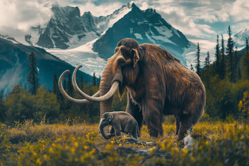 A Woolly Mammoth stands beside her baby calf in the midst of a scenic landscape