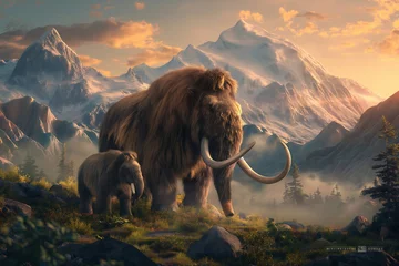 Zelfklevend Fotobehang A Woolly Mammoth stands proudly beside her adorable calf in the midst of a scenic landscape © Tigarto