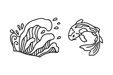 Asian sea waves and Koi carp fish in hand drawn doodle style.