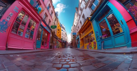 Urban Parisian Street With Multiple Buildings - obrazy, fototapety, plakaty