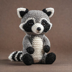 Little cute raccoon handmade toy on simple background. Amigurumi toy making, knitting, hobby