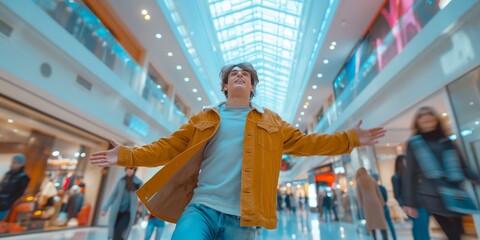 Fototapeta na wymiar A young brunette Caucasian man exudes confidence and vitality as he strikes a dynamic pose against the blurred backdrop of a modern, motion-blurred shopping mall filled with bustling shoppers.