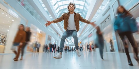 A young brunette Caucasian man exudes confidence and vitality as he strikes a dynamic pose against the blurred backdrop of a modern, motion-blurred shopping mall filled with bustling shoppers. - obrazy, fototapety, plakaty