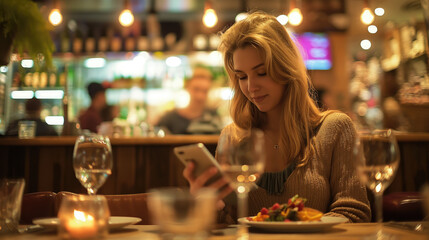 Blonde woman using smart phone while sitting in cafe